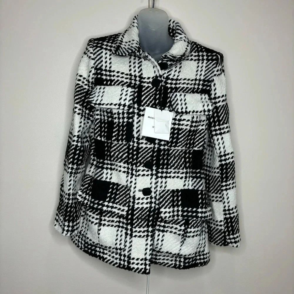 Massimo Dutti Black White textured Studio Jacket Plaid Coat size Small NWT